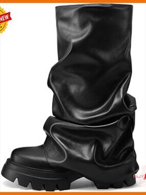 Women's Platform Boots Fold Over Slouchy Wide Calf Mid Calf Pull On